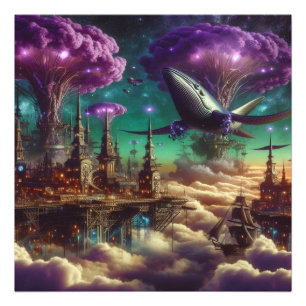 Mystical Lila Futuristiska Fantasy City Fototryck