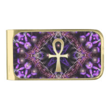 Mystical Lila Golden Ankh Fractal Tapestry