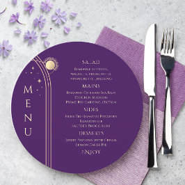 Mystical Lila Guld Måne Stars Space Bröllop Meny