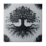 Mystical Livets träd Tile Art Kakelplatta<br><div class="desc">För in gammal mystisk och mystisk energi i ditt rum med den här fängslande keramiska plattan med en mörk, stiliserad illustration av Livets träd. Konstruktionen visar ett stort träd med vidsträckta rötter och grenar, som utvunnits i en djup, mörk silhuett mot en subtilt texturerad grått-bakgrund. Sprickade krympande partiklar tillför en...</div>