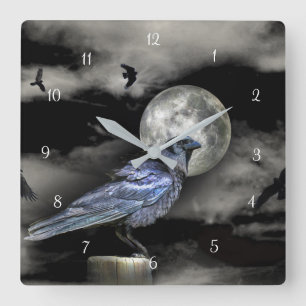 Mystical Magic Raven eller Kråkor och Måne Fyrkantig Klocka