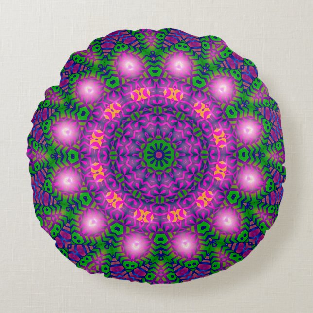 Mystical Mandala Grönt Lila Round Pillow Rund Kudde (Framsidan)