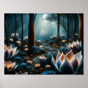 Mystical Måne Garden: Upplysta Blommigtar Poster