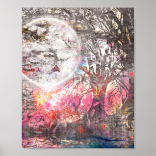 Mystical Måne Träd Fantasy liggande Art Skriv ut Poster