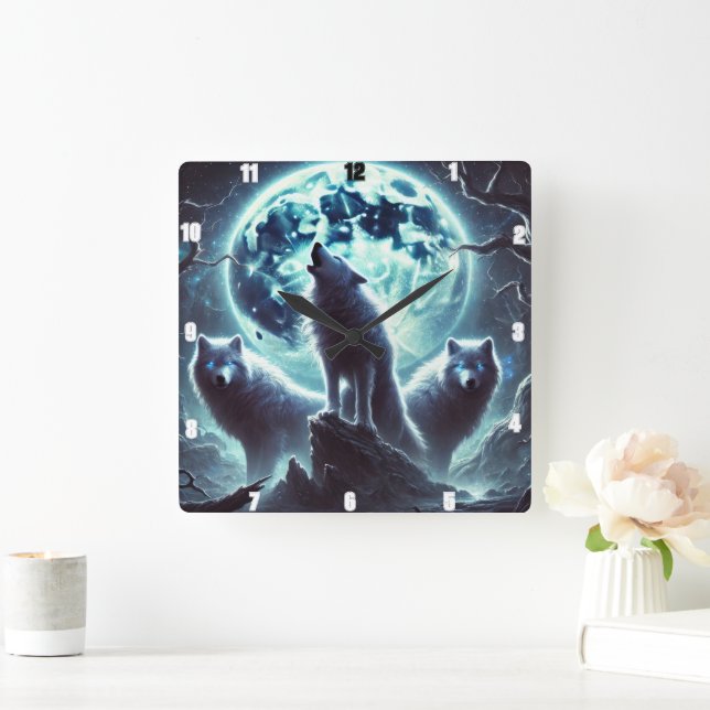 Mystical Måne Varg Clock Fyrkantig Klocka (Hem)