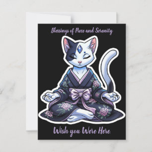 Mystical Meditating Cat in Blommigt Kimono Vykort