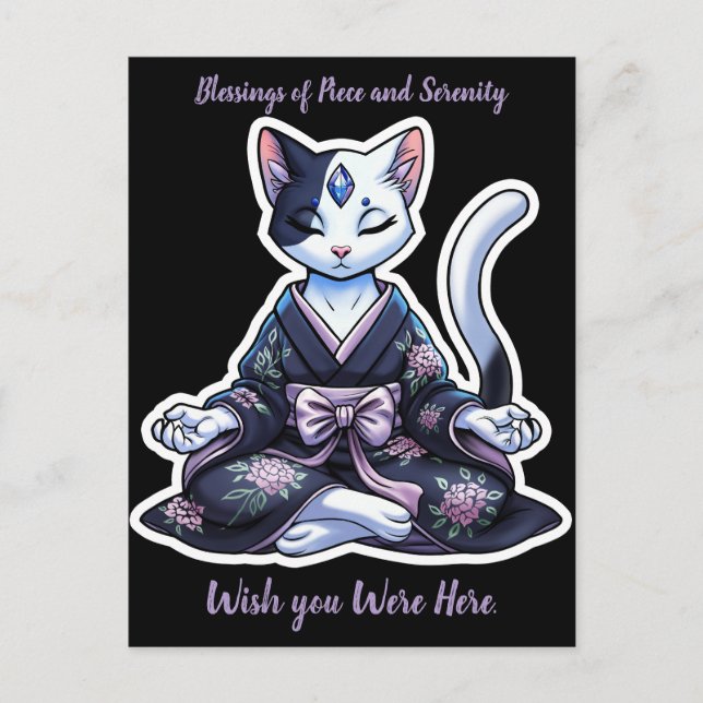 Mystical Meditating Cat in Blommigt Kimono Vykort (Framsida)