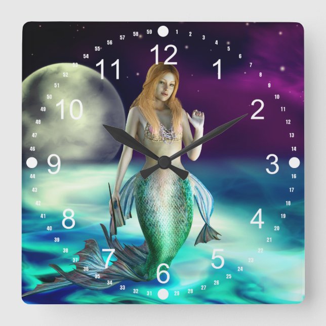 Mystical Mermaid Ocean Waves Moon Beach Fantasy Fyrkantig Klocka (Framsida)