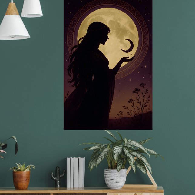 Mystical Moon Goddess, Celestial Woman Silhouette Poster (Vardagsrum 1)