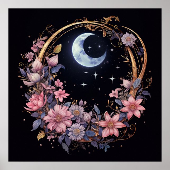 Mystical Moon och blommor Poster (Framsidan)