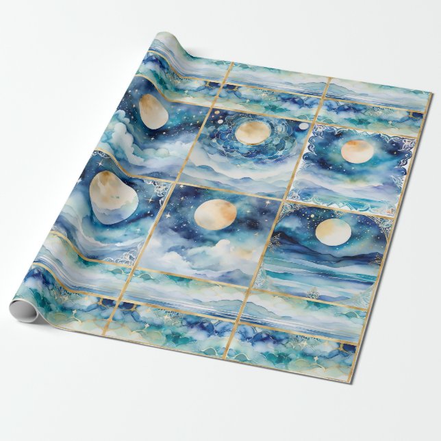 Mystical Moonlight Stars Ocean Blue Sea Decoupage Presentpapper (Utrullad)