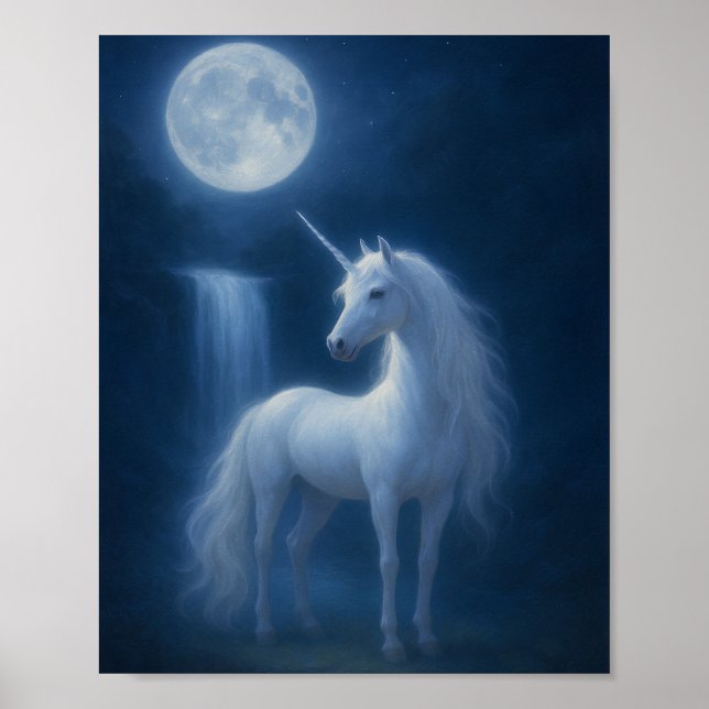 Mystical Moonlight Unicorn & Waterfall Fantasy Art Poster (Framsidan)