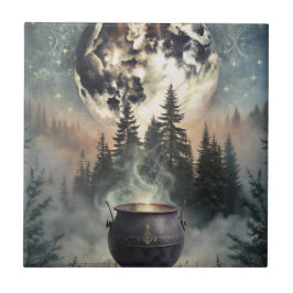 Mystical Moonlit Forest Cauldron - Witchy Magic Ar Kakelplatta