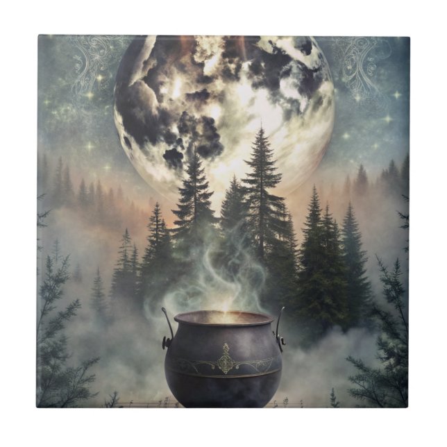 Mystical Moonlit Forest Cauldron - Witchy Magic Ar Kakelplatta (Framsidan)