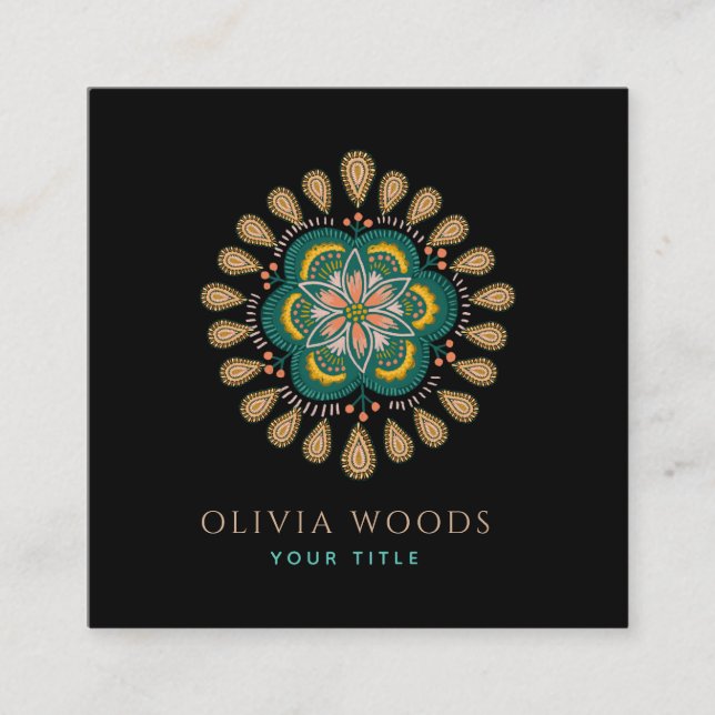 Mystical Mörk Boho Blommigt Mandala Fyrkantigt Visitkort (Framsida)