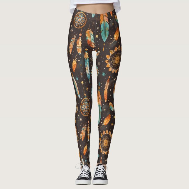 Mystical Mörk Boho: Feathers & Dream Catcher Desi Leggings (Framsida)