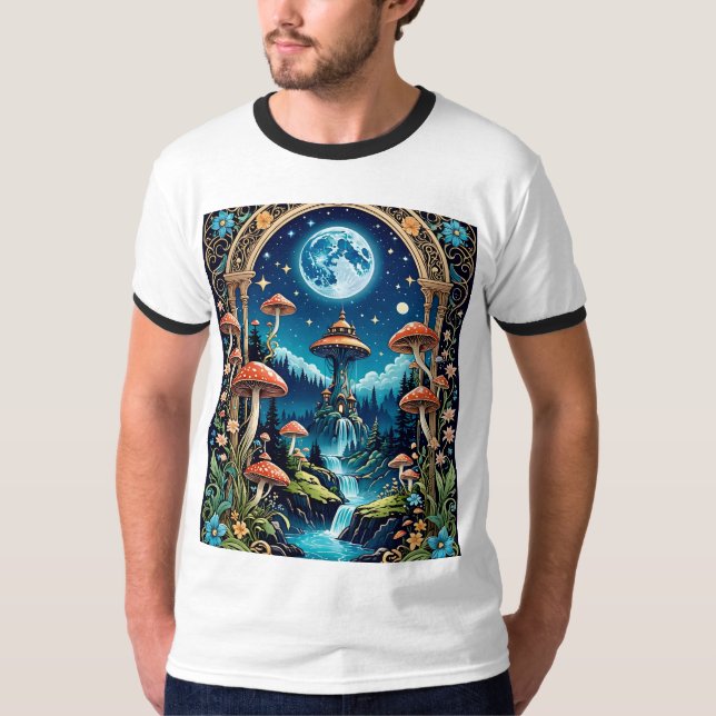 Mystical Mushroom Waterfall Forest T-Shirt (Framsida)
