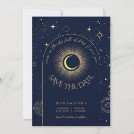 Mystical Navy Blue Arch Stars Celestial Photo Inbjudningar