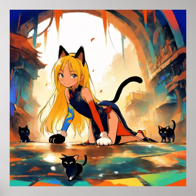 Mystical Neko Girl & Kittens Anime Poster (Framsidan)