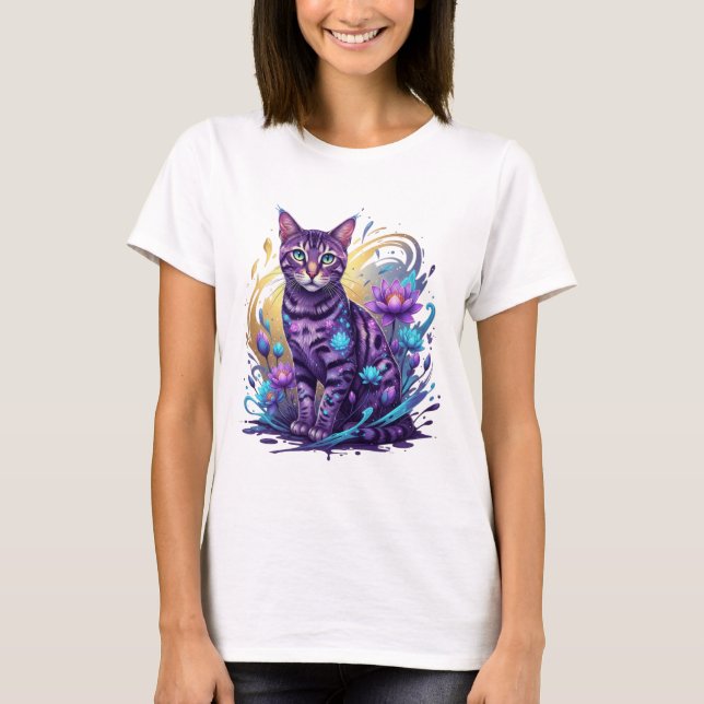 Mystical Neon Cat Lotus Art T Shirt (Framsida)