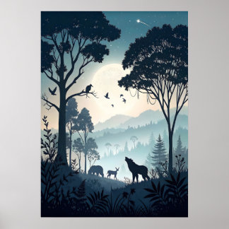 Mystical Nght Forest med Silhouetted Wildlife Poster
