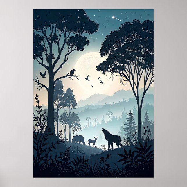 Mystical Nght Forest med Silhouetted Wildlife Poster (Framsidan)