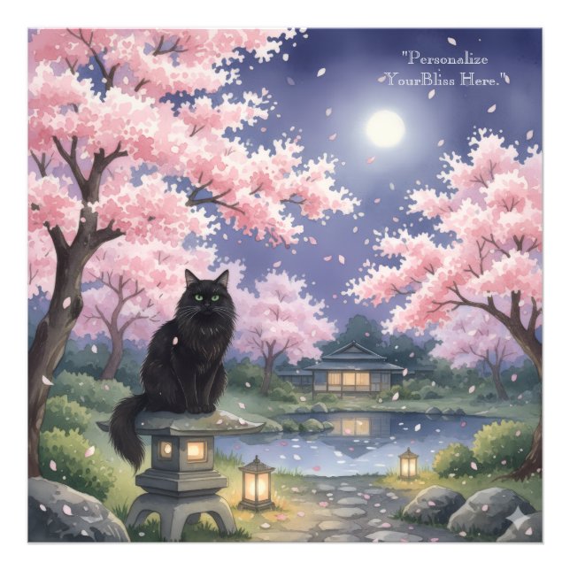 Mystical Night Sakura: Black Cat in Moonlit Japan Fototryck (Framsidan)