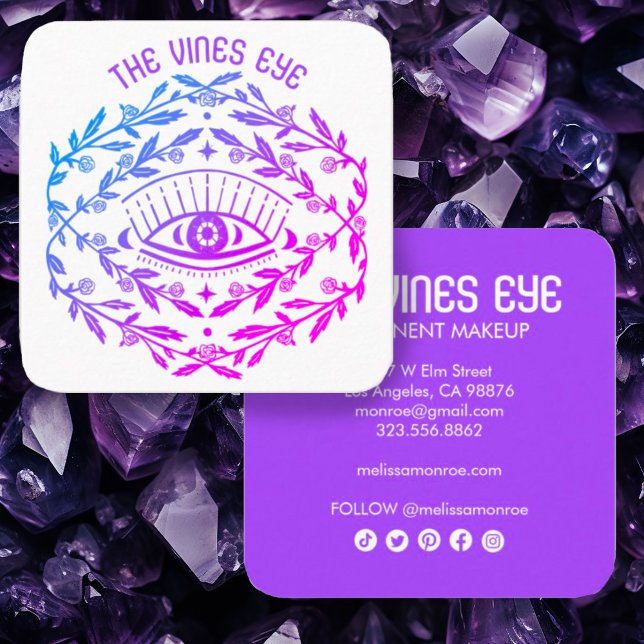 Mystical Öga Ro Vines Magic Boho Fyrkantigt Visitkort (Cool boho botanical eye line art in purple on these custom square business cards w social icons)
