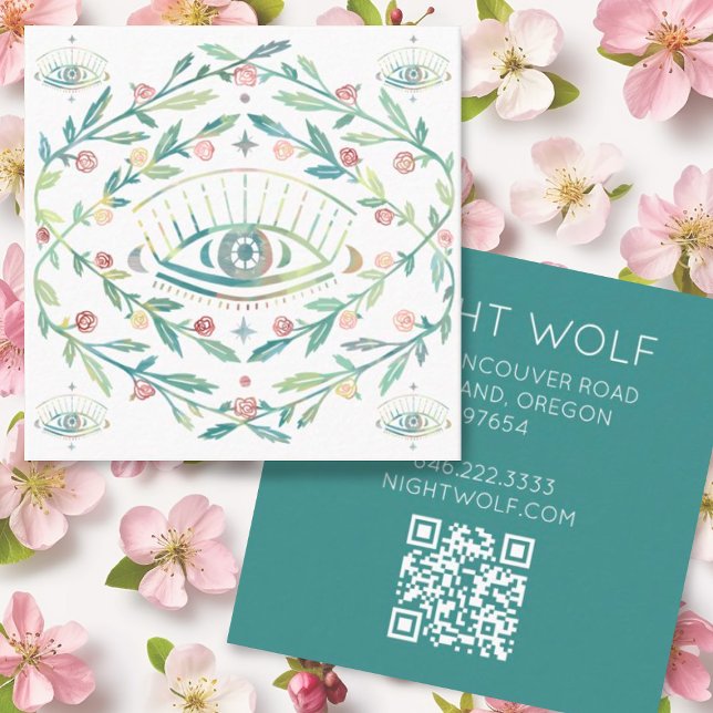 Mystical Öga Ro Vines Magic Boho QR-kod Fyrkantigt Visitkort (Custom boho business cards with mystical eye and roses plus QR code)
