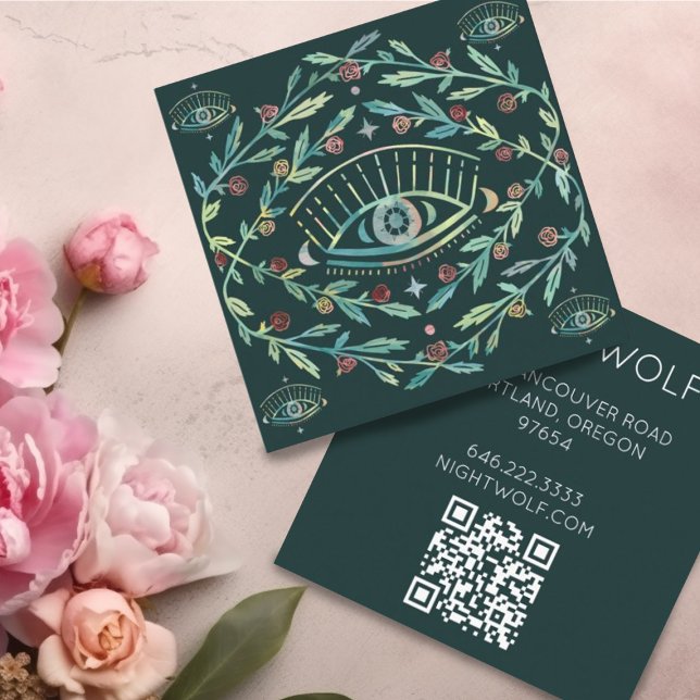 Mystical Öga Ro Vines Magic Boho QR-kod Fyrkantigt Visitkort (Custom square business cards with boho pattern of roses and mystical eye. QR code )