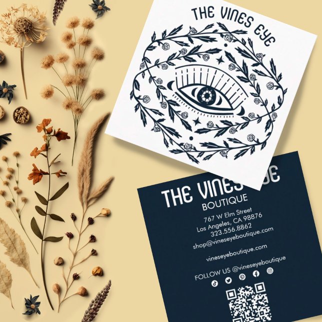 Mystical Öga Ro Vines Magic Boho QR Social Fyrkantigt Visitkort (Unique boho design business cards with social media icons and QR code)