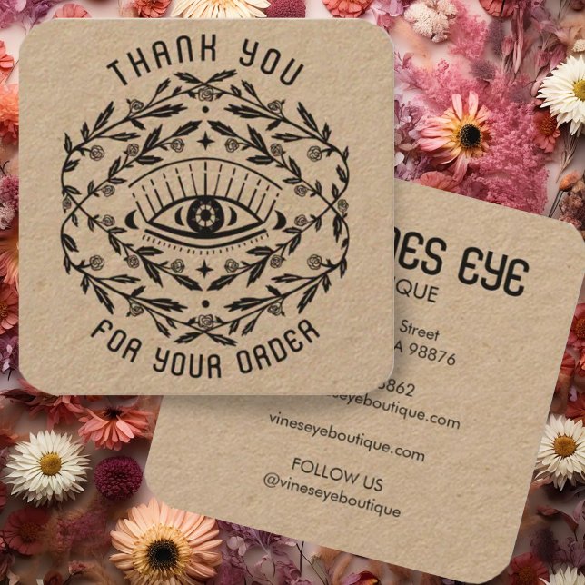 Mystical Öga Ro Vines Magic Order Tack Fyrkantigt Visitkort (Custom order thank you card with boho design of roses and an eye on kraft paper)