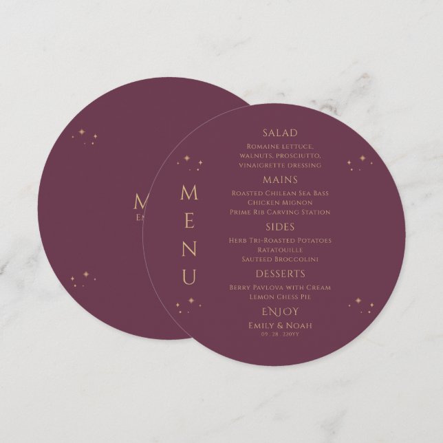 Mystical Plum Guld Sol Måne Stars Space Bröllop Meny (Fram/baksida)