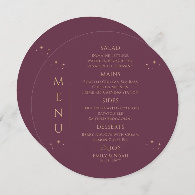 Mystical Plum Guld Sol Måne Stars Space Bröllop Meny (Fram/baksida)