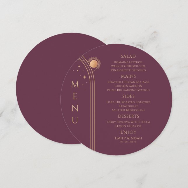 Mystical Plum Guld Sol Måne Stars Space Bröllop Meny (Fram/baksida)