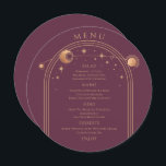 Mystical Plum Guld Sol Måne Stars Space Bröllop Meny<br><div class="desc">Menykort för Mystical Plum Guld Sol Stars Space Bröllop har guld sol,  måne och stjärnor ram på en plommonbakgrund med dina menydetaljer i mitten i det moderna Måne-kalligrafiskriptet. Anpassa genom att redigera texten i textrutorna. Designad för dig av Evco Studio © på www.zazzle.com/store/evcostudio</div>