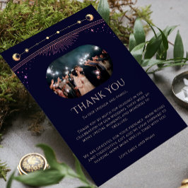 Mystical Rainbow Blue Sol Måne Star Photo Bröllop Tack Kort