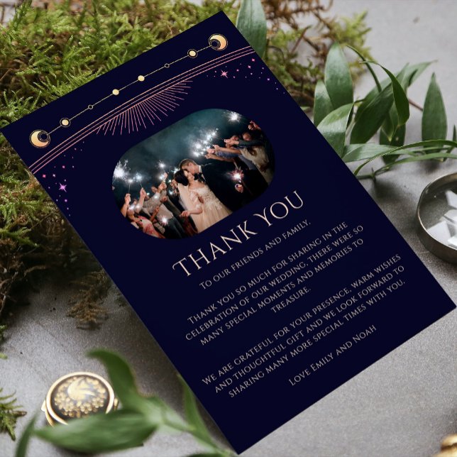 Mystical Rainbow Blue Sol Måne Star Photo Bröllop Tack Kort (Skapare uppladdad)