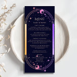 Mystical Rainbow Blue Sol Måne Stars Bröllop Meny<br><div class="desc">Mystical Rainbow Mörk Navy Blue Sol Måne Stars Astronomy Celestial Galaxy Cosmic Bröllopskort har en regnbåge av färgad sol, måne och stjärnor ram på en mörkens marinblå bakgrund med dina menydetaljer i mitten i det moderna kalligrafiskriptet. Anpassa genom att redigera texten i textrutorna. Designad för dig ©2024 Evco Studio www.zazzle.com/store/evcostudio...</div>
