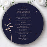 Mystical Rainbow Blue Sol Måne Stars Space Bröllop Meny<br><div class="desc">Mystical Rainbow Mörk Navy Blue Sol Måne Stars Space Cosmic Astronomy Celestial Bröllop Menu Cards har enkla stjärnor på en mörk marin blå bakgrund med dina menydetaljer i mitten i det moderna persikofärgade kalligrafiskriptet. Anpassa genom att redigera texten i textrutorna. Designad av Evco Studio www.zazzle.com/store/evcostudio</div>
