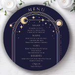 Mystical Rainbow Blue Sol Måne Stars Space Bröllop Meny<br><div class="desc">Mystical Rainbow Mörk Navy Blue Sol Måne Stars Space Cosmic Astronomy Celestial Bröllop Menu Cards har en gyllene sol, måne och stjärnor ram på en mörk marin blå bakgrund med dina menydetaljer i mitten i det moderna peperkéskriptet. Anpassa genom att redigera texten i textrutorna. Designad av ©2024 Evco Studio www.zazzle.com/store/evcostudio...</div>