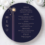 Mystical Rainbow Blue Sol Måne Stars Space Bröllop Meny<br><div class="desc">Mystical Rainbow Mörk Navy Blue Sol Måne Stars Space Cosmic Astronomy Celestial Bröllop Menu Cards har enkla guld-stjärnor på en mörk marin blå bakgrund med dina menydetaljer i mitten i det moderna pejlingsskriptet. Anpassa genom att redigera texten i textrutorna. Designad av ©2024 Evco Studio www.zazzle.com/store/evcostudio</div>