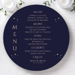 Mystical Rainbow blue Sol Måne Stars Space Bröllop Meny<br><div class="desc">Mystical Rainbow Mörk Navy Blue Sol Måne Stars Space Cosmic Astronomy Celestial Bröllop Menu Cards har enkla guld-stjärnor på en mörk marin blå bakgrund med dina menydetaljer i mitten i det moderna pejlingsskriptet. Anpassa genom att redigera texten i textrutorna. Designad av ©2024 Evco Studio www.zazzle.com/store/evcostudio</div>