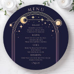 Mystical Rainbow Blue Sol Måne Stars Space Bröllop Meny<br><div class="desc">Mystical Rainbow Mörk Navy Blue Sol Måne Stars Space Cosmic Astronomy Celestial Bröllop Menu Cards har en gyllene sol, måne och stjärnor ram på en mörk marin blå bakgrund med dina menydetaljer i mitten i det moderna peperkéskriptet. Anpassa genom att redigera texten i textrutorna. Designad för dig ©2024 Evco Studio...</div>