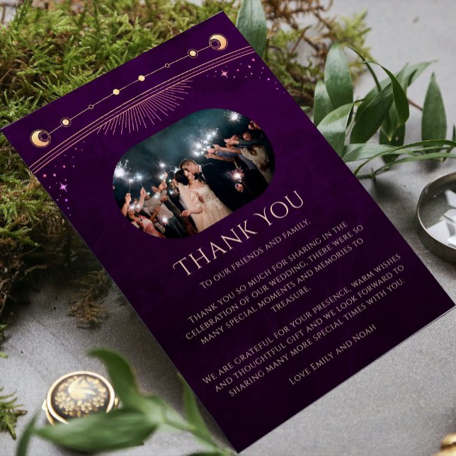 Mystical Rainbow Plum Sol Måne Star Photo Bröllop Tack Kort (Skapare uppladdad)