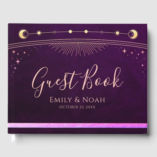 Mystical Rainbow Plum Sol Måne Stars Bröllop Gästböcker (Framsida)