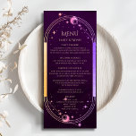 Mystical Rainbow Plum Sol Måne Stars Bröllop Meny<br><div class="desc">Mystical Rainbow Deep Plum Sol Måne Stars Astronomy Celestial Galaxy Cosmic Bröllopskort har en regnbåge av färgad sol,  måne och stjärnor ram på en djup plommonbakgrund med dina menydetaljer i mitten i det moderna pejlingsskriptet. Anpassa genom att redigera texten i textrutorna. Designad för dig av Evco Studio www.zazzle.com/store/evcostudio</div>