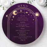 Mystical Rainbow Plum Sol Måne Stars Space Bröllop Meny<br><div class="desc">Mystical Rainbow Plum Sol Måne Stars Space Cosmic Astronomy Celestial Bröllop Menu Cards har en gyllene sol,  måne och stjärnor ram på en djup plommonbakgrund med dina menydetaljer i mitten i det moderna pejlingsskriptet. Anpassa genom att redigera texten i textrutorna. Designad för dig av Evco Studio © på www.zazzle.com/store/evcostudio</div>