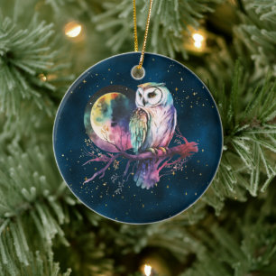 Mystical Rainbow Uggla och Full Moon Celestial Julgransprydnad Keramik
