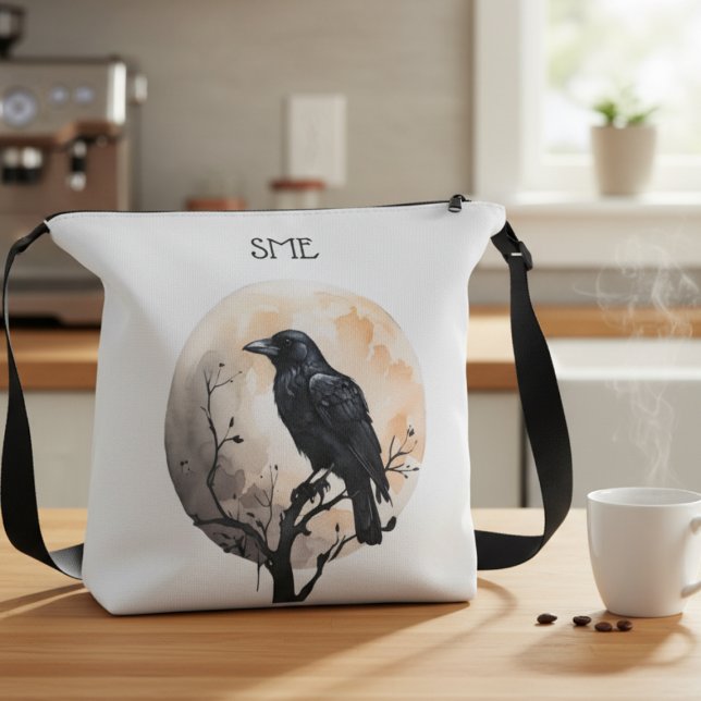 Mystical Raven Moon Art Crossbody Bag Axelväska (Black gothic raven against moon crossbody bag)